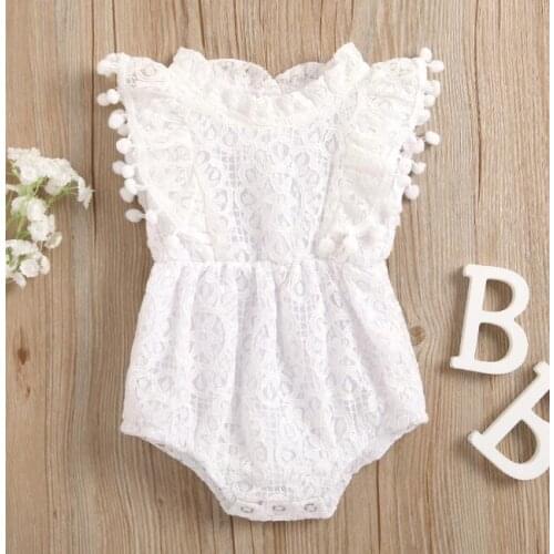 New Baby Girls Casual Romper, Round Collar Sleeveless Lace Hem Playsuits with Tassels, Pink/ White