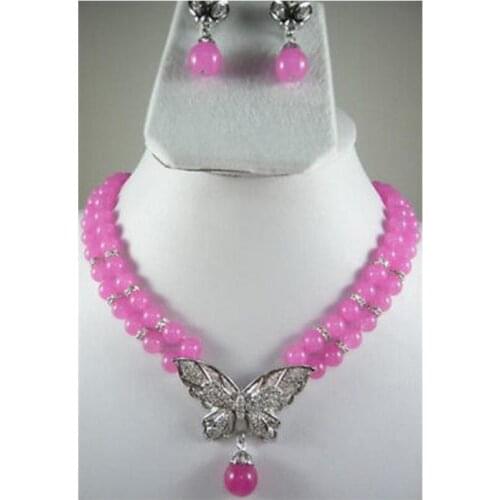 Charming 2Rows Pink Chalcedony Necklace Earring Set