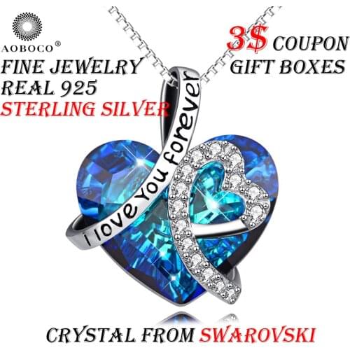 Blue Crystal From Swarovski Heart Pendant Necklace Aoboco Brand I Love You Forever 925 Sterling Silver Fine Jewelry