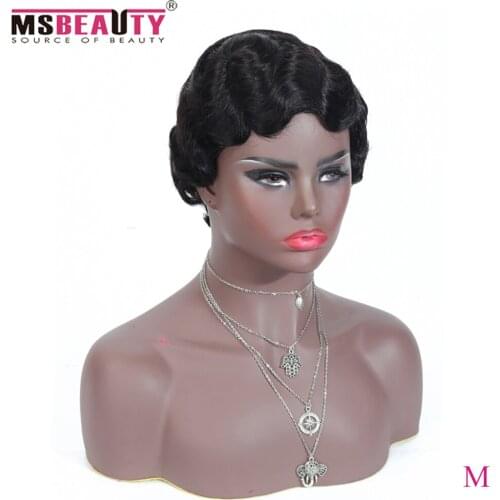 Full Machine Human Hair Finger Wave Short Pixie Cut Wig For Black Women Middle Ratio Msbeauty 150% Density Brazilian Remy Hair