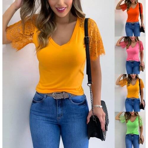 Casual Summer T-shirt Skin-friendly All-Match Solid Color Lace Sleeve Women V Neck Top Daily Sexy Lace Patchwork Slim Fashion