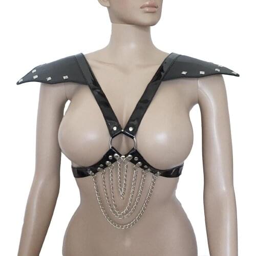 Sexy Women Patent Leather Studded Body Chest Harness Crop Top with Drape Chain Shoulder Armour Fetish Role Play Costume