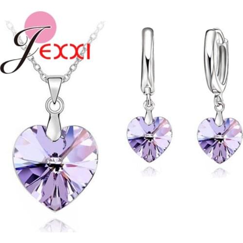 925 Sterling Silver Romantic Austrian Crystal Jewelry Heart Pendant Necklaces Lever Back Earrings Woman Accessories Gift