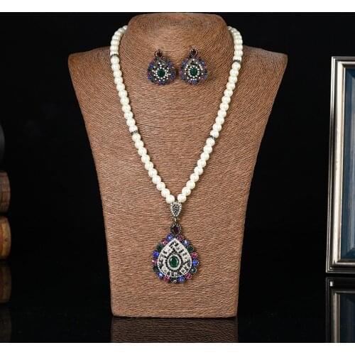 Turkish Pearl Chain Pendant Necklace Earring Sets for Women Moroccan Ethnic Wedding Jewelry Bridal Gift