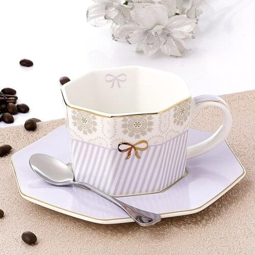 European-style Octagonal Teapot with Filter Holes Striped Bone China Coffee Cup and Saucer Household Simple Ceramic Tea Ceremony