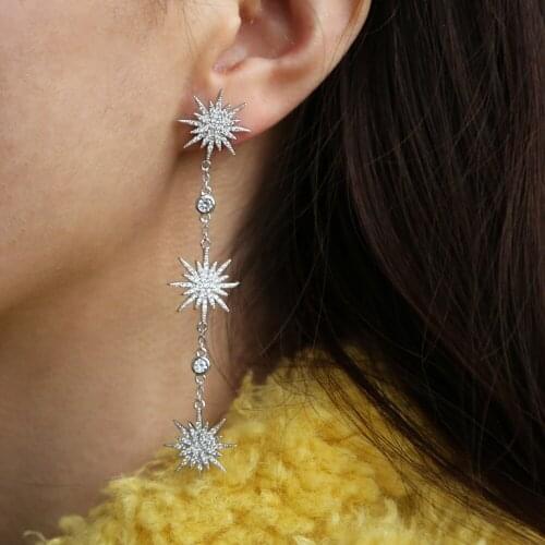 2021 New Arrived Dazzling Sparking Star Northstar Starburst Charm Dangling Drop Earrings Cz Women Fashion Long Earring Jewelry