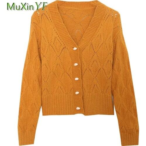 Womens French Graceful Hollow Out Knit Cardigan 2021 Spring Autumn Casual Pearl Button Sweater Coats Lady V-Neck Orange Tops