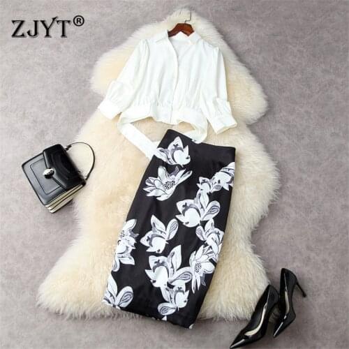 2020 Fashion Summer Runway Suit Women Crop White Blouse and Floral Pencil Skirt Set 2 Piece Office Lady Outfits