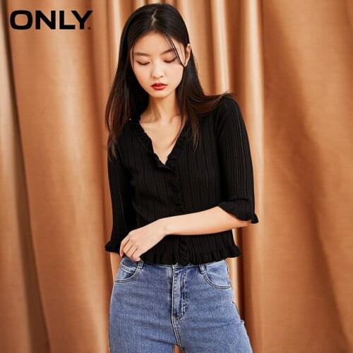 ONLY spring new V-neck ruffled decorative hollow design knit sweater women | 120345009