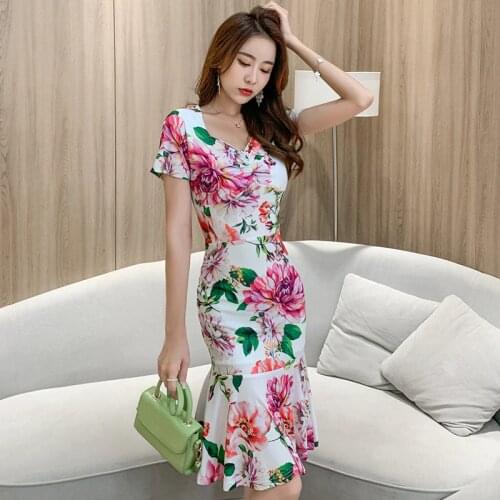 Autumn Sexy Party Bodycon Dresses High End Women Short Sleeve V Neck Elegant Print Dress Vintage Bandage Mermaid Dress Vestidos