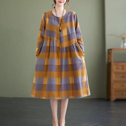 2021 New Arrival Patchwork Plaid Fashion Women Casual Autumn Dress Long Sleeve Cotton Linen Vintage Office Lady Work Dress