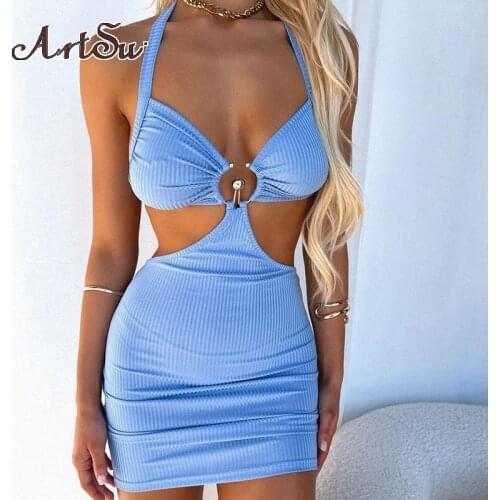 Artsu Halter Sexy Backless Halter Mini Dress Women Elegant Ring Metal Cut Out Sleeveless Ribbed Knit Summer Dresses Slim