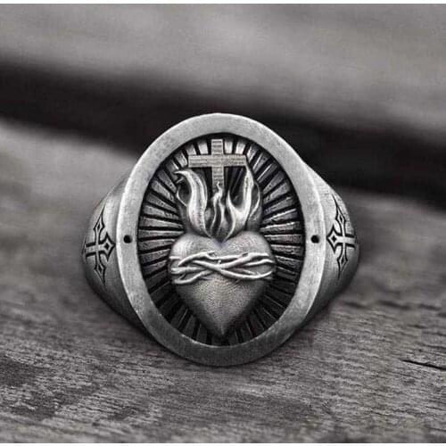 2021 Vintage Mens Sacred Heart Of Jesus Cross Ring Punk 316L Stainless Steel Ring For Men Women Retro Amulet Christian Jewelry