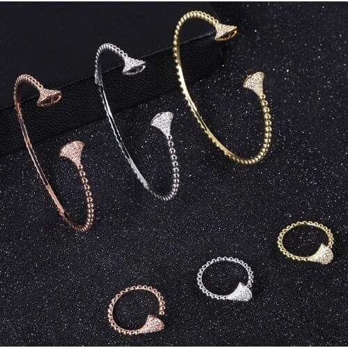 3Sets/Package Luxury geometry Saudi Arabia Bangle Ring Set For Women Micro Cubic Zircon Pave Party Wedding Dubai Jewelry
