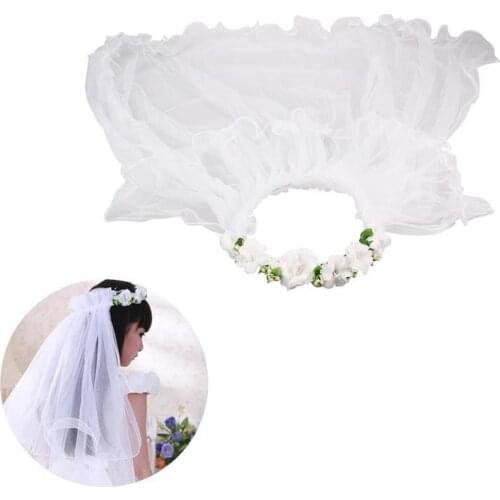 Two Layers Flower White Girl Veils Wedding Communion Hair Wreath (White)