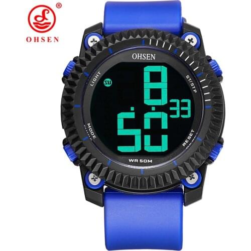 OHSEN brand Digital LED Sport Men Wristwatches 50M waterproof Rubber Strap Blue Fashion Swimming Electronic watch Alarm Clocks