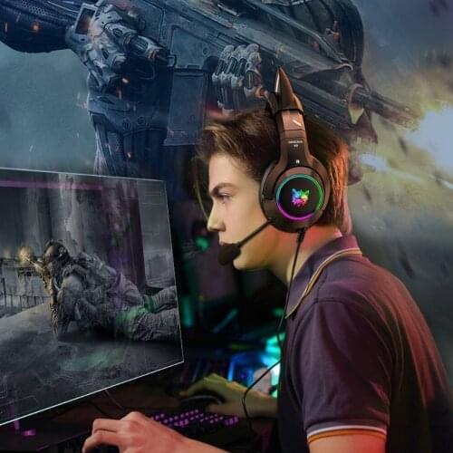 C1FB LED Light Gaming Headset for PC USB 7.1 Surround Sound Gaming Headphone with Microphone Over-Ear Cat Ears Headset