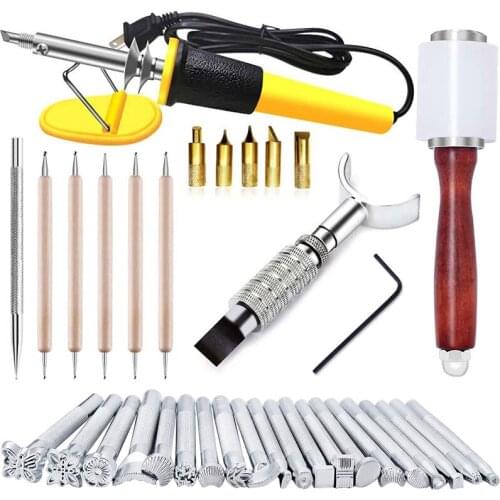Imzay 29PCS Leather Carving Set - Leather Stamp Tools With Leather Burning Tool, Stamp Punch Set And Adjustable Swivel Knife
