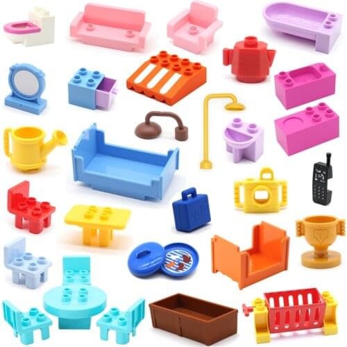 Big Building Blocks Compatible Duploe Bathroom Furniture Bed Chair Table Kitchen Accessories Bricks DIY Toys For Children Gifts