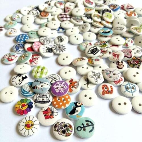 50/100Pcs/pcack 15mm Random Mixed Cartoon Pattern Round Shaped Wooden Button 2 Holes Sewing Accessories For Craft Decorative