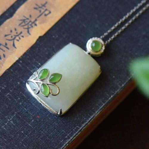 S925 Sterling Silver Jasper Flower Lotus Leaf Natural Hotian Jade Pendant Safety-Blessing Card White Gold Color Pendant to Give