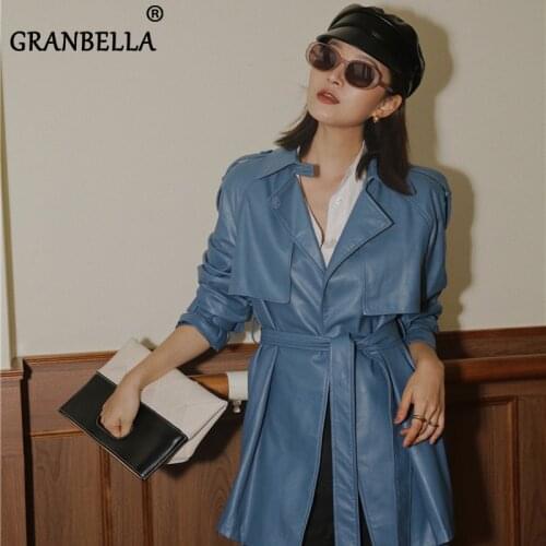 Soft quality womens PU leather jacket and coat vintage slim cardigan outerwear with belt office ladies elegant spring jackets