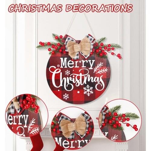 “Merry Christmas”Sign Hanging Front Door Wooden Cartoon Letter Plaque Red Fruit Plaid Printing Party Home Wall Decor RE