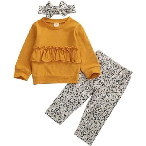 Newborn Infant Baby Girls Clothes Ruffle Solid Tops T-shirt Leopard Pants Headband Outfits 3Pcs Toddler Autumn Suit