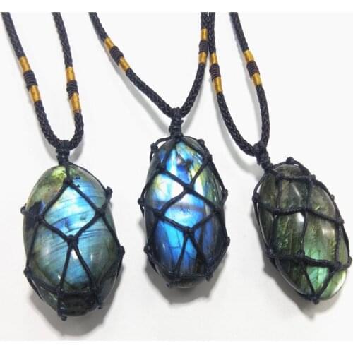 Labradorite Necklace Natural Irregular Stone Pendant Wrap Braid Necklace Energy Necklace Jewelry Gift For Men Women decoration