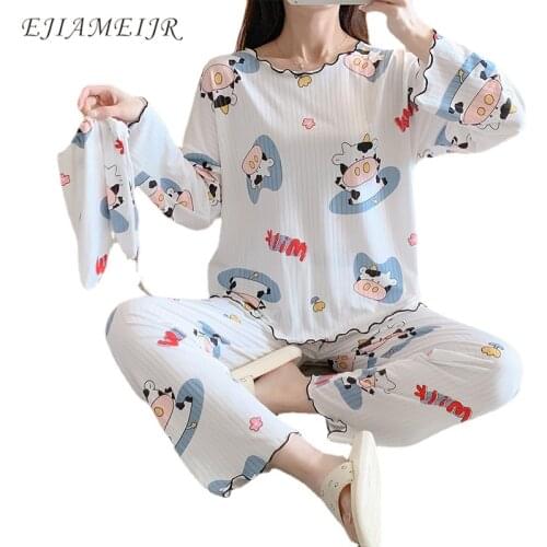 2021 Autumn Cartoon Pajamas For Women Loose Cotton Cute Cow Print Pullover Sleepwear Female Long Sleeved Keep Warm Home Suits