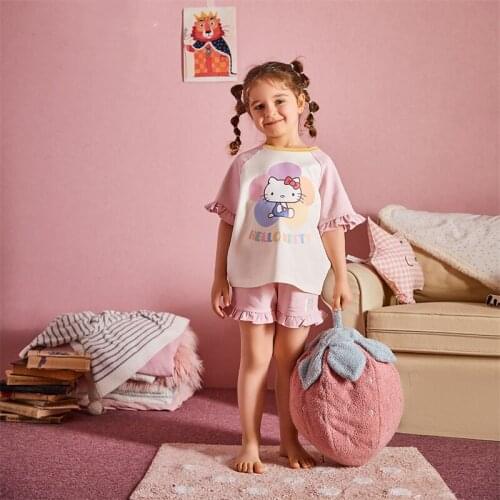 Baby YouYou Girl‘s Pajamas Set Children T-shirt Summer Cartoon Kitty Skirt Sleepwear Short Nightgown Cotton Kids Home Clothes