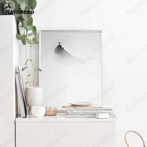 Christ The Redeemer Black and White Canvas Poster Minimalism Cloudy Mountain Top Sculpture Mural Painting Picture Home Decor