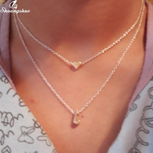 Shuangshuo Love Heart Double Layer Initial Dainty Chain Necklace for Women accessories Fashion Jewelry Girlfriend Collier Gifts