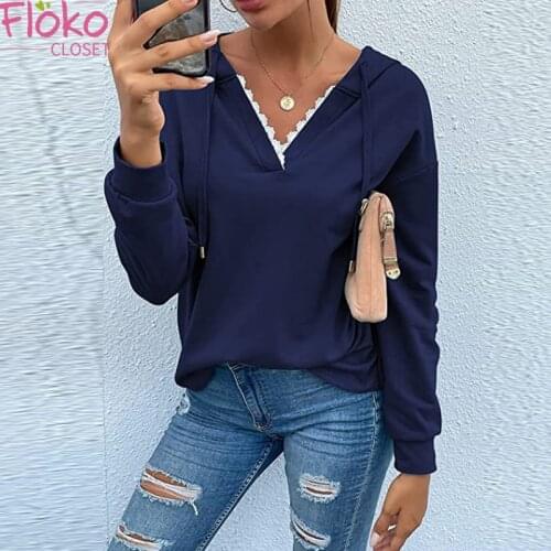 Flokocloset Casual Lace V-Neck Long Sleeve Hooded Sweatshirts Autumn Spring Y2k Oversized Pullovers Women Hoodies