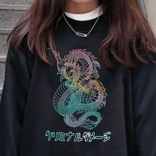 Harajuku Y2K Top Harajuku Retro Korean Dragon Gothic Mythical Printed Clothes Large Size LooseRound neck sweater