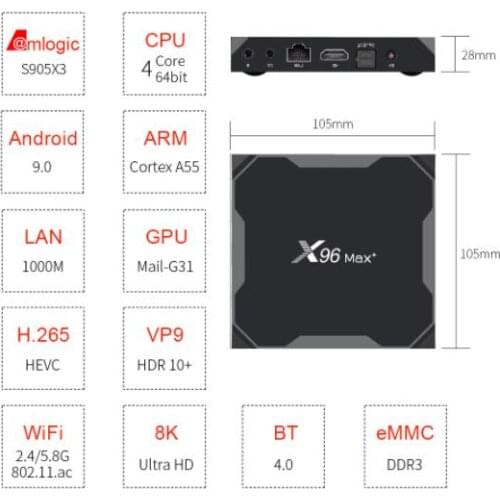 5pcs X96 MAX Plus Android 9.0 TV BOX 4GB Amlogice S905X3 2GB 16GB 8K Video Player 2.4G&5GDual Wifi YoutubeHD 1000M Smart X96MAX