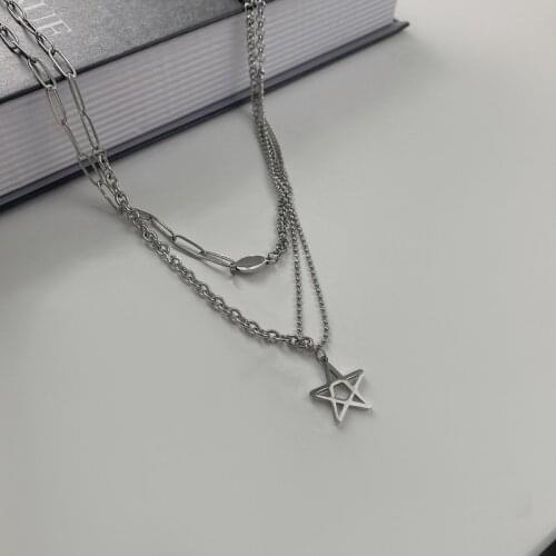 VSnow Designer Double Layer Stainless Steel Star Pendant Necklace for Women Exquisite Asymmetry Chunky Chain Necklace Jewelry