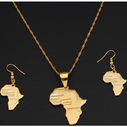 24k Gold Color Brass African Map Necklace Earrings For Africa Women Party Map Jewelry Set
