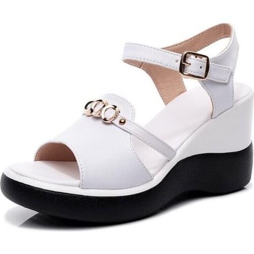 2020 New Fish Mouth Black Genuine Leather Sandals Women Sandal Shoes Increased Shoes Platform Wedges Sandals Rome Summer Sandals