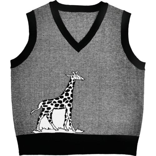 2021 New Womens Vest Jacquard Black V Neck Knitted Sweater Female Cartoon Pattern Loose Sleeveless Bottoming Tops Pullovers