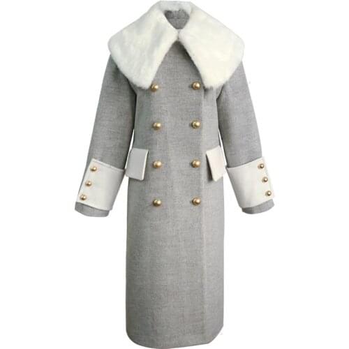 Autumn winter fashion straight women White fur collar wool coat female double breasted gray woolen coat thickening