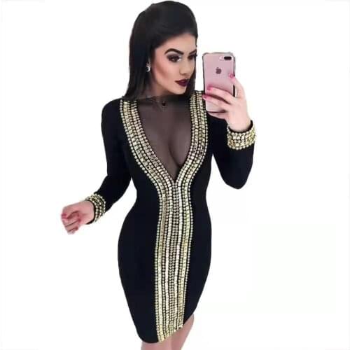 2021 Diamonds Sexy Mesh Patchwork Long Sleeve Women Party Dress Casual Bodycon Femme Nightclub Vintage Luxury Vestidos 10306