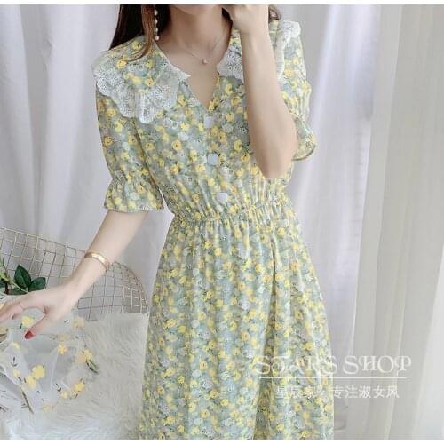 HStar Women Chiffon Dress Summer Korean Short Sleeve Floral Midi Dress V-Neck Bohemia Beach Dress Casual Lace Vestidos