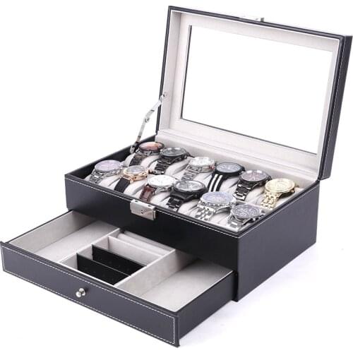 12 Slot PU Leather Watch Storage Boxes, Men & Women Jewelry Display Drawer Case, 2-Tier Organizer Watch Showcase with Glass Lid