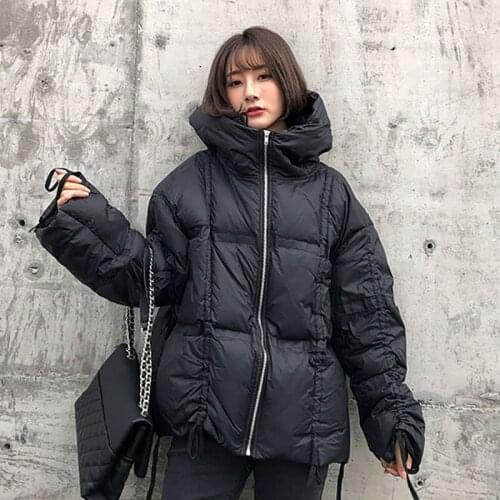 Fad Ultra Light Hooded Winter Down Jackets Womens White Duck Down Coats Warm Snow Short Parka Loose Drawstring Bread Outerwear