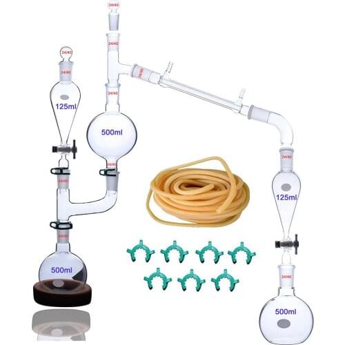 FLYYUEWO 25 Pcs New Lab Essential Oil Steam Distillation Apparatus Glassware Kits Water Distiller Purifier w/Separators Funnel