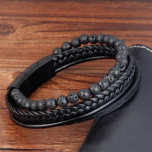 Classic Multilayer Leather Woven Natural Stone Frosted Stone/Volcanic Stone Beaded Magnetic Buckle Bracelets for Men