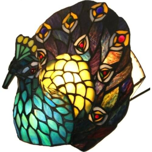 Creative Handmade Tiffany Glass Peacock Table Lamp for Foyer Bed Room Bar Apartment Glass Night Light H 27cm 1037