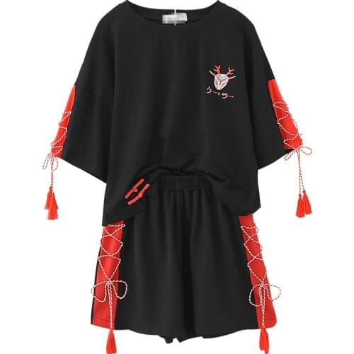 Summer Women Two Piece Set Tops And Shorts Cartoon Embroidery Short Sleeve T Shirts Hight Waist Lace Up Shorts Harakuju Sets