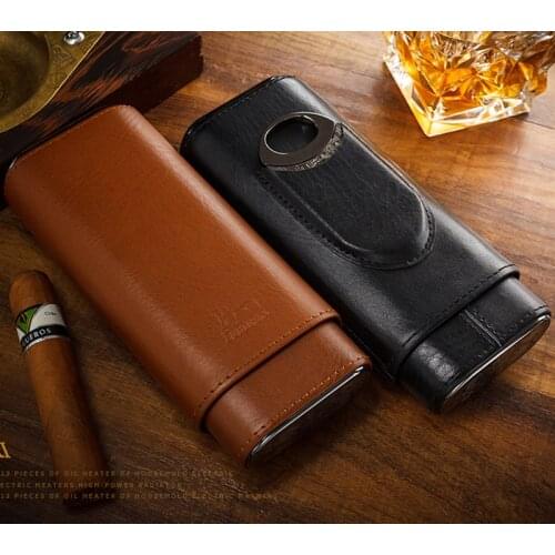 LUBINSKI Genuine Leather 2 Tube Cigar Holder Case Humidor Cigarette Smoking Tool W/Cutter Set Tobacco Accessories For Cohiba